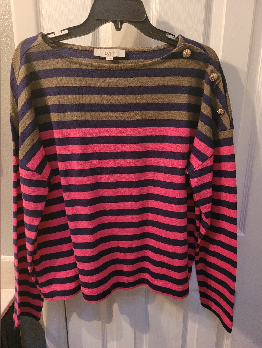 LOFT pink, navy, and olive green horizontal striped long sleeve sweater Sz XL
